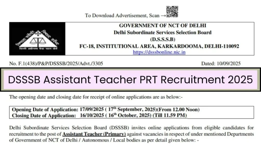 DSSSB Assistant Teacher PRT Recruitment 2025