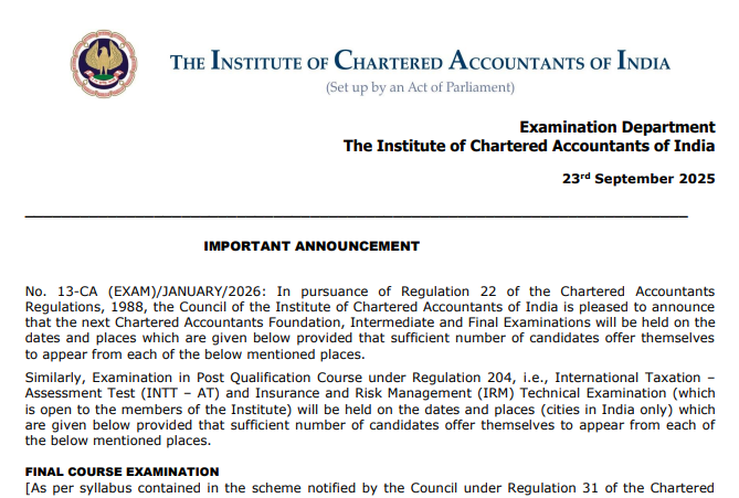 ICAI CA January 2026 Exam Important Announcement