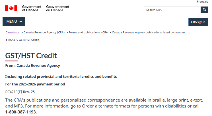 Canada GST/HST Credit October 2025