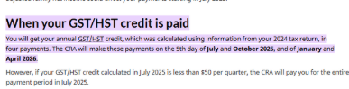 CRA GST + HST Tax Credit Deposit Dates 2025